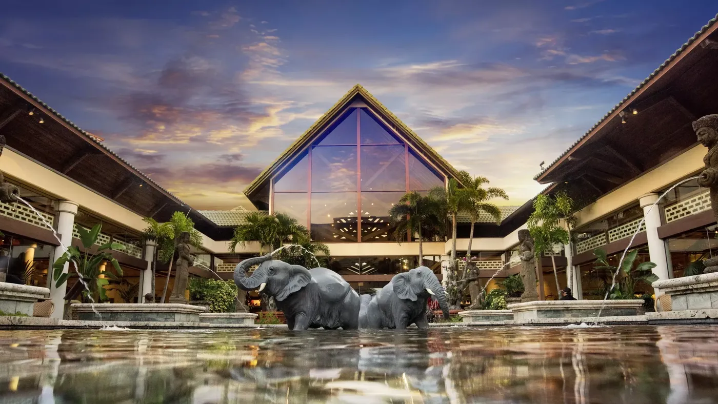 Resort courtyard with elephant fountain sculptures in front of a glass atrium at dusk
