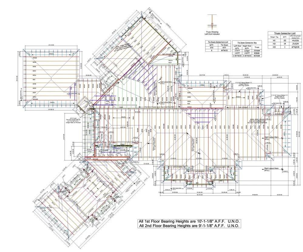 Roof truss layout plan with bearing heights and connector schedule