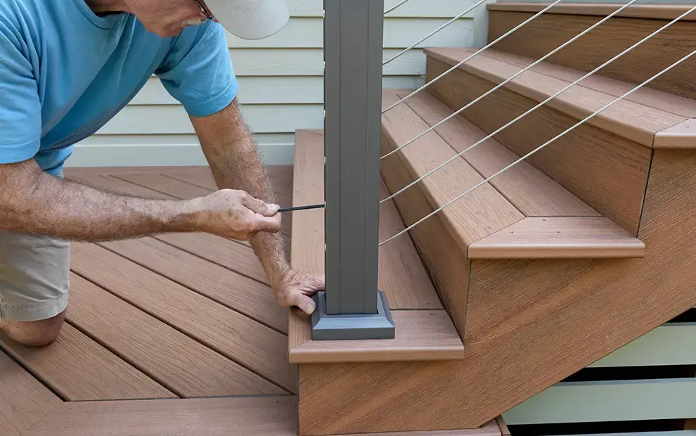 Man installing cable railing on composite deck stairs