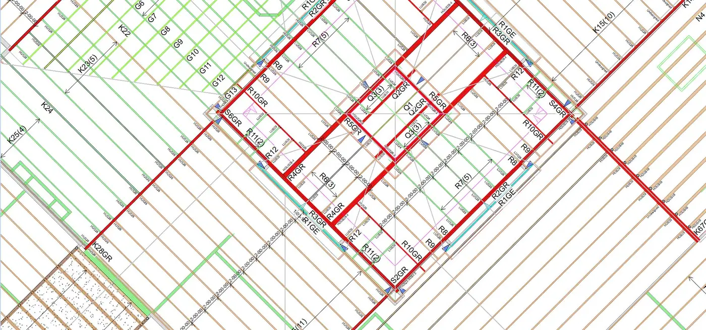 Truss layout drawing with framing members marked in red and green